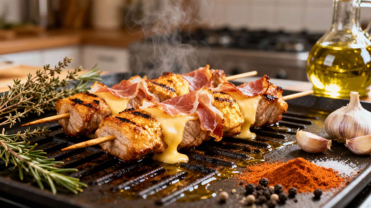 Brochetas de cerdo, jamón y provolone: fáciles y riquísimas
