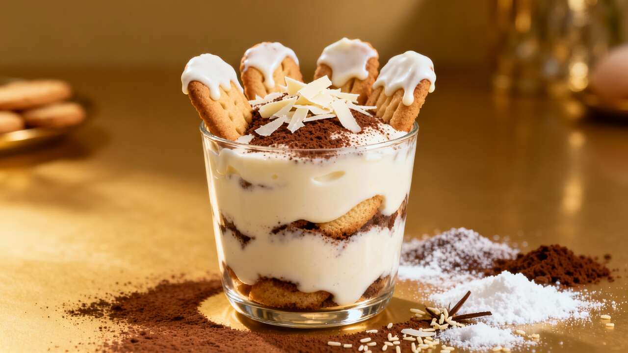 Yogur estilo tiramisú con chocolate blanco: sin huevos y delicioso